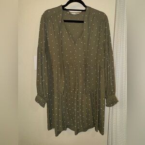 Zara Olive Green Long Sleeve Dress with embroidery